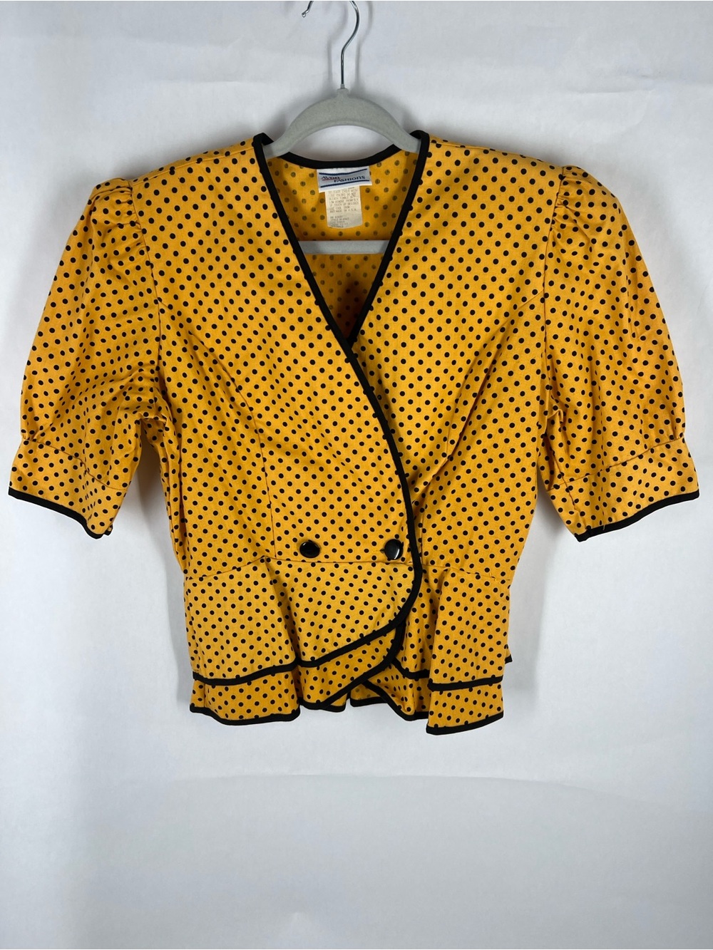Vintage Avon Fashions Yellow Black Polka Dot Peplum‎ Blouse Size 11/12 USA